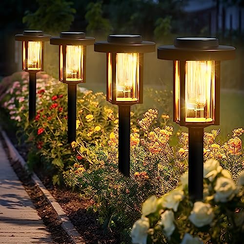 Solpex Solarlampen für Außen, 4 Stück LED Solar Gartenbeleuchtung, wasserdichte solarbetriebene Wegbeleuchtung für Garten, Terrasse, Landschaft, Gehweg, warmweiß