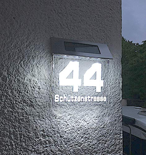 Beleuchtete LED Solar Hausnummer, Hausnummernleuchte individuell personalisierbar/gravierbar